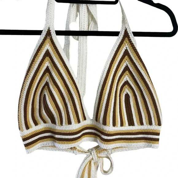Windsor Crochet Striped Crop Top Size XL Brown Beige White V Neck Tie On Blouse - Picture 3 of 12